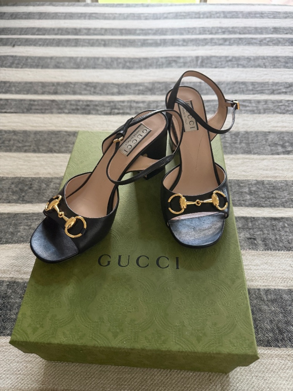 Gucci Horsebit Black Leather Block Heel Sandals Size 36 + Box & Dust Bags
